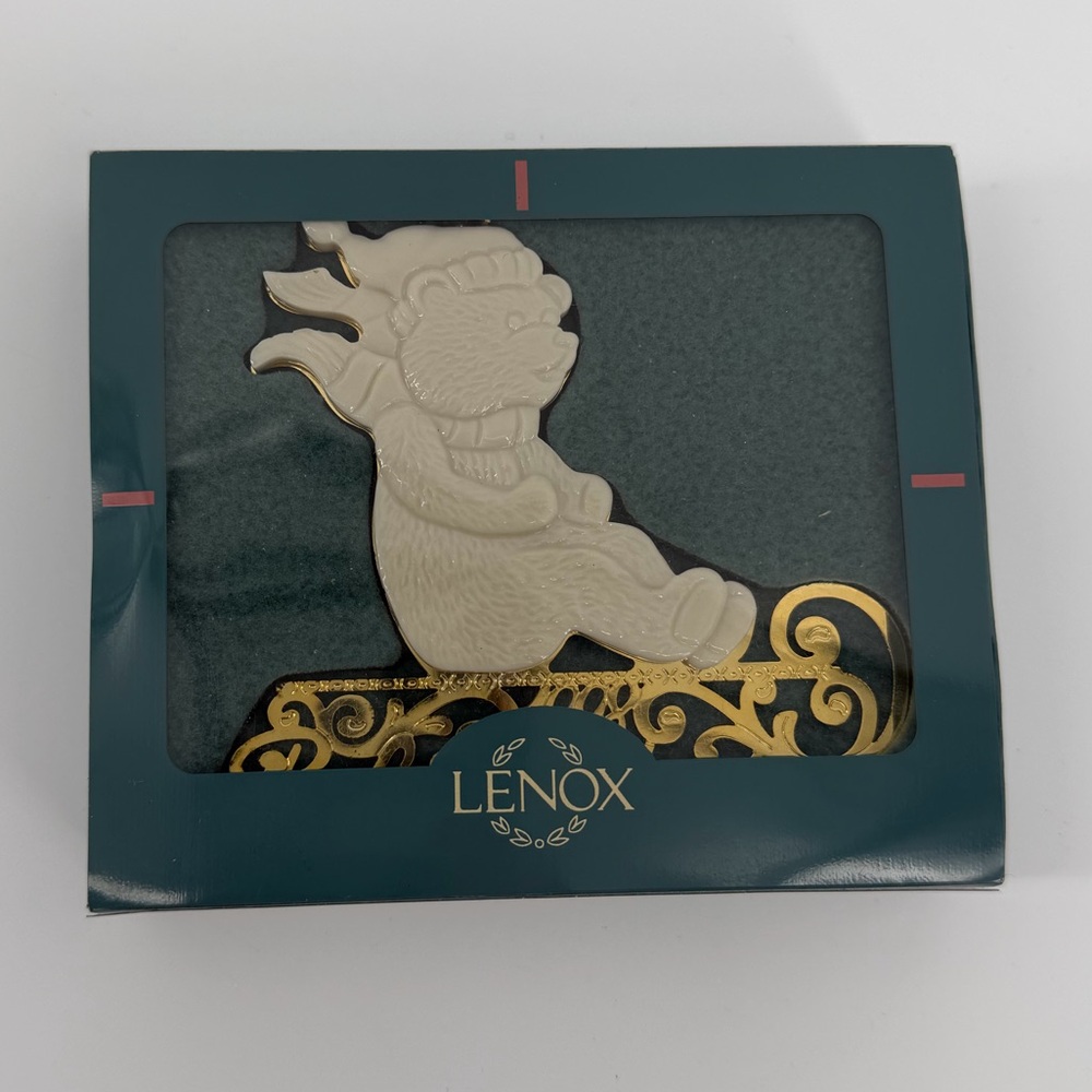 Lenox Ivory Teddy Bear on Gold Sled Baby's First Christmas 1998 Ornament in Box